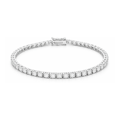 Studio view of a classic tennis bracelet featuring a continuous row of round cubic zirconia stones set in a silver tone finish with a box clasp closure.