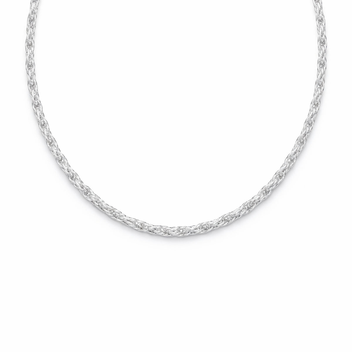 Full length studio view of a silver tone twisted chain necklace highlighting the continuous twisted pattern and even thickness.