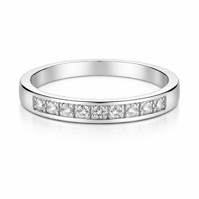 Studio view of a slim Silver Tone band featuring a channel set row of small cubic zirconia stones across the front section.