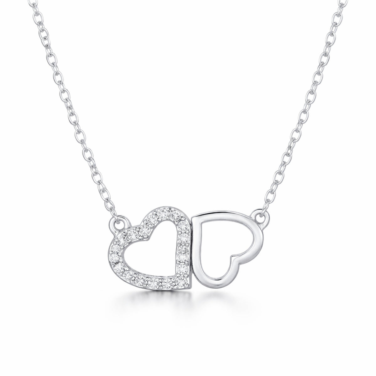 Front facing studio view of the double heart cubic zirconia pendant featuring one pavé set heart alongside one open heart in a balanced design.