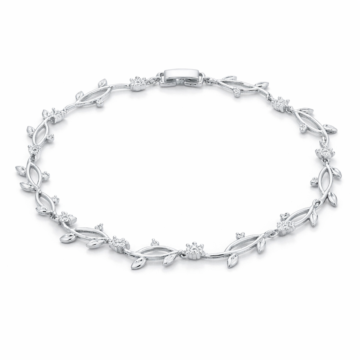 Studio view of a bracelet designed with a continuous vine pattern, featuring leaf shapes and small round cubic zirconia stones in a silver tone finish.
