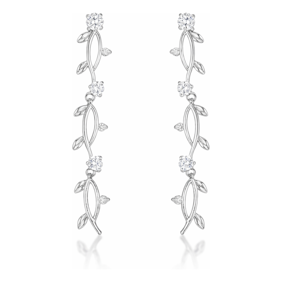 Studio view of drop earrings designed with a vine motif, featuring marquise-shaped elements and round cubic zirconia stones arranged along a vertical silver tone structure.