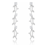 Studio view of drop earrings designed with a vine motif, featuring marquise-shaped elements and round cubic zirconia stones arranged along a vertical silver tone structure.