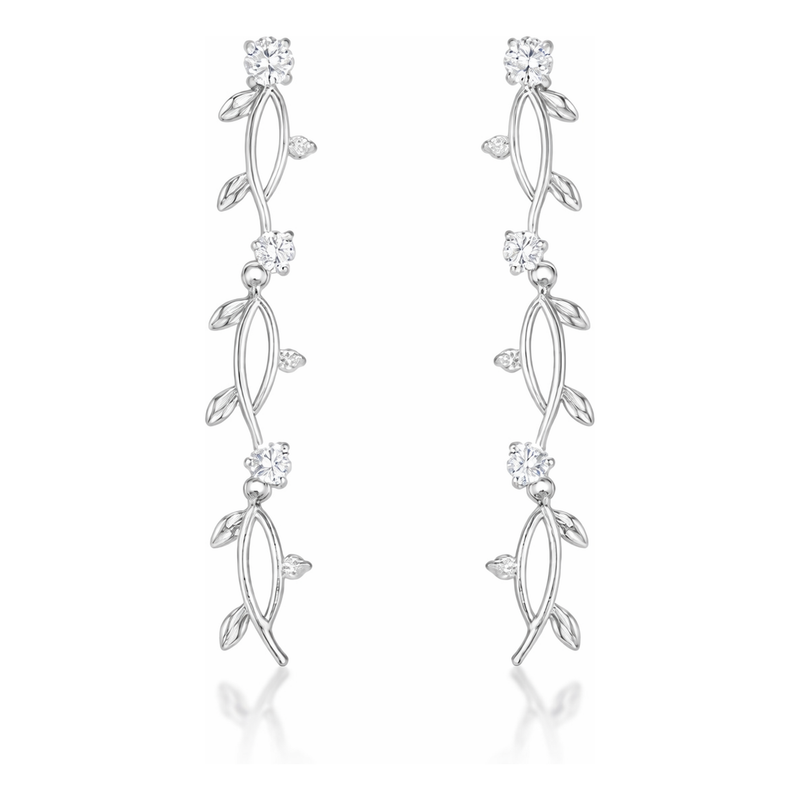 Studio view of drop earrings designed with a vine motif, featuring marquise-shaped elements and round cubic zirconia stones arranged along a vertical silver tone structure.
