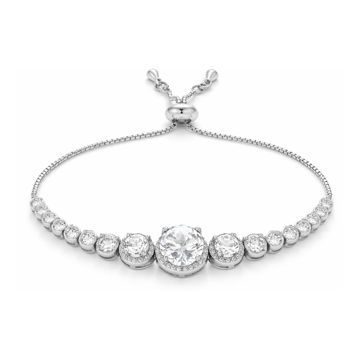 Studio view of an halo slider bracelet with a central round cubic zirconia stone surrounded by smaller stones and a fine chain in silver tone.