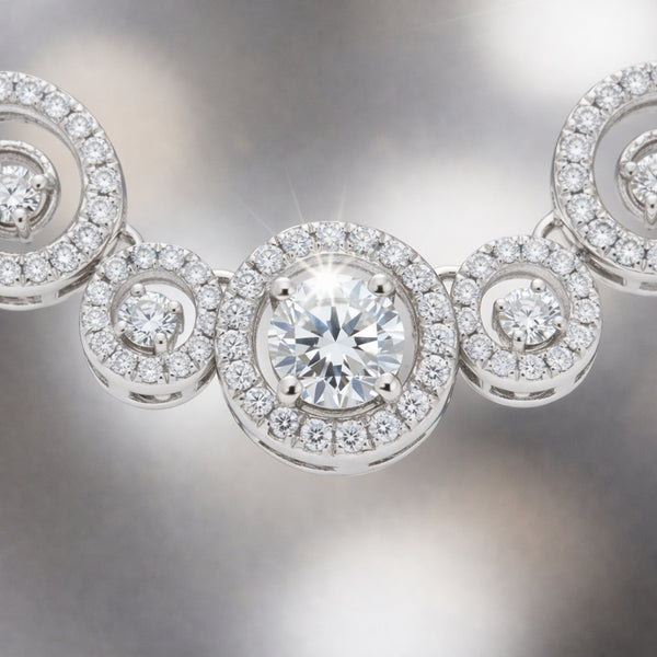 Detailed close up of the center halo stone highlighting the brilliance of the cubic zirconia setting.
