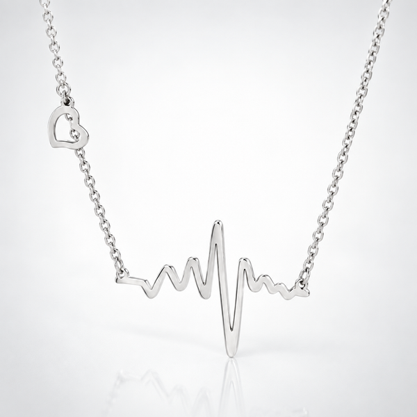 Heartbeat and Heart Necklace in Silver Tone, angled product view.