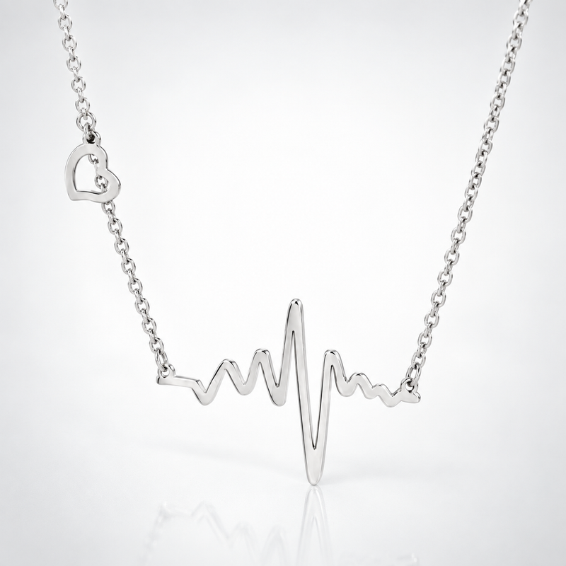 Heartbeat and Heart Necklace in Silver Tone, angled product view.