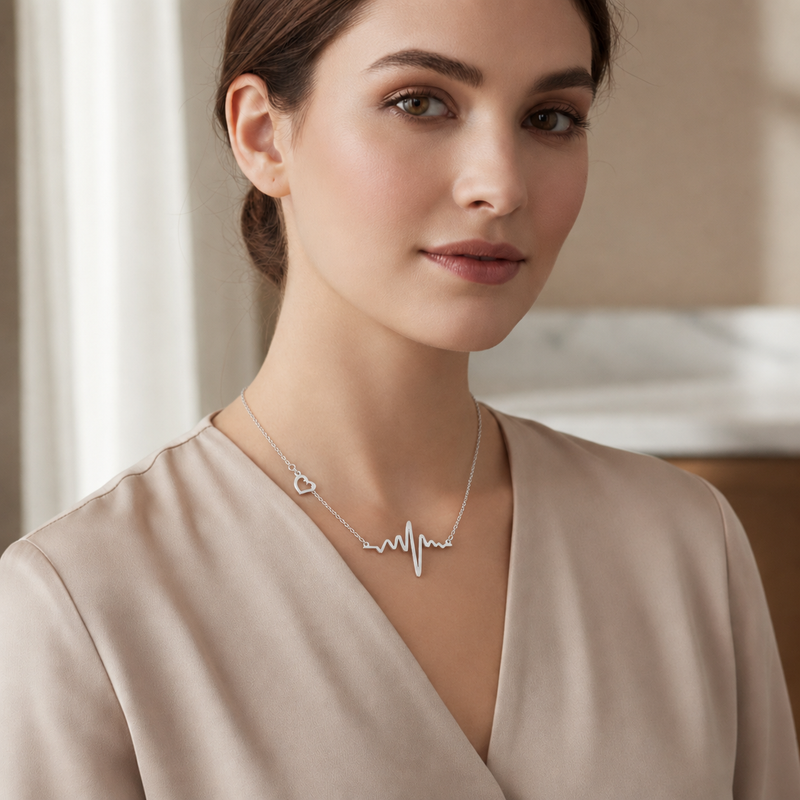 Heartbeat and Heart Necklace in Silver Tone, worn look.