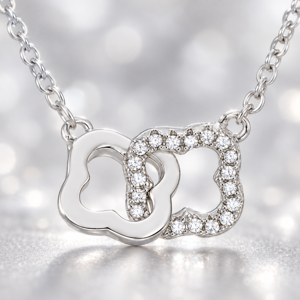 Interlocking Floral CZ Necklace in Silver Tone, center stone detail.