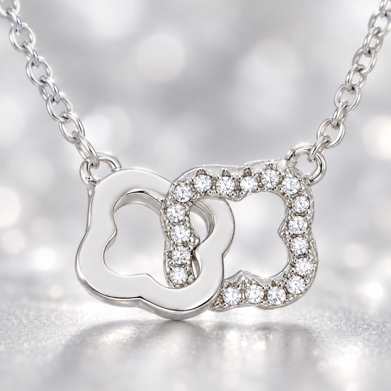 Interlocking Floral CZ Necklace in Silver Tone, center stone detail.