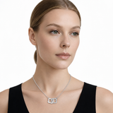 Interlocking Floral CZ Necklace in Silver Tone, model view.