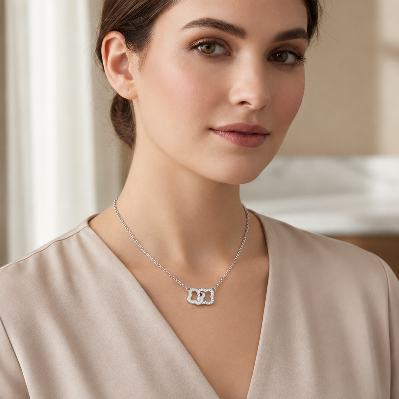 Interlocking Floral CZ Necklace in Silver Tone, worn look.