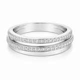 Studio image of an intertwined silver tone ring featuring three bands. Two bands are pavé set with round cut cubic zirconia stones, while one band has a smooth polished finish.