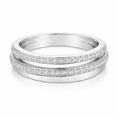 Studio image of an intertwined silver tone ring featuring three bands. Two bands are pavé set with round cut cubic zirconia stones, while one band has a smooth polished finish.