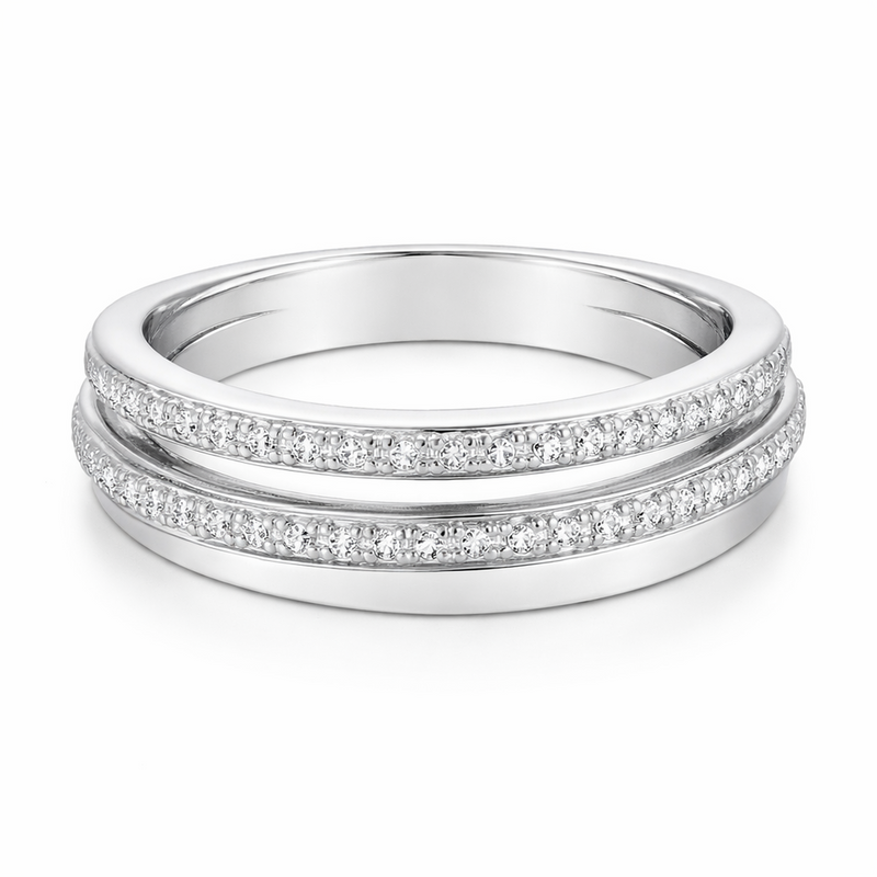 Studio image of an intertwined silver tone ring featuring three bands. Two bands are pavé set with round cut cubic zirconia stones, while one band has a smooth polished finish.