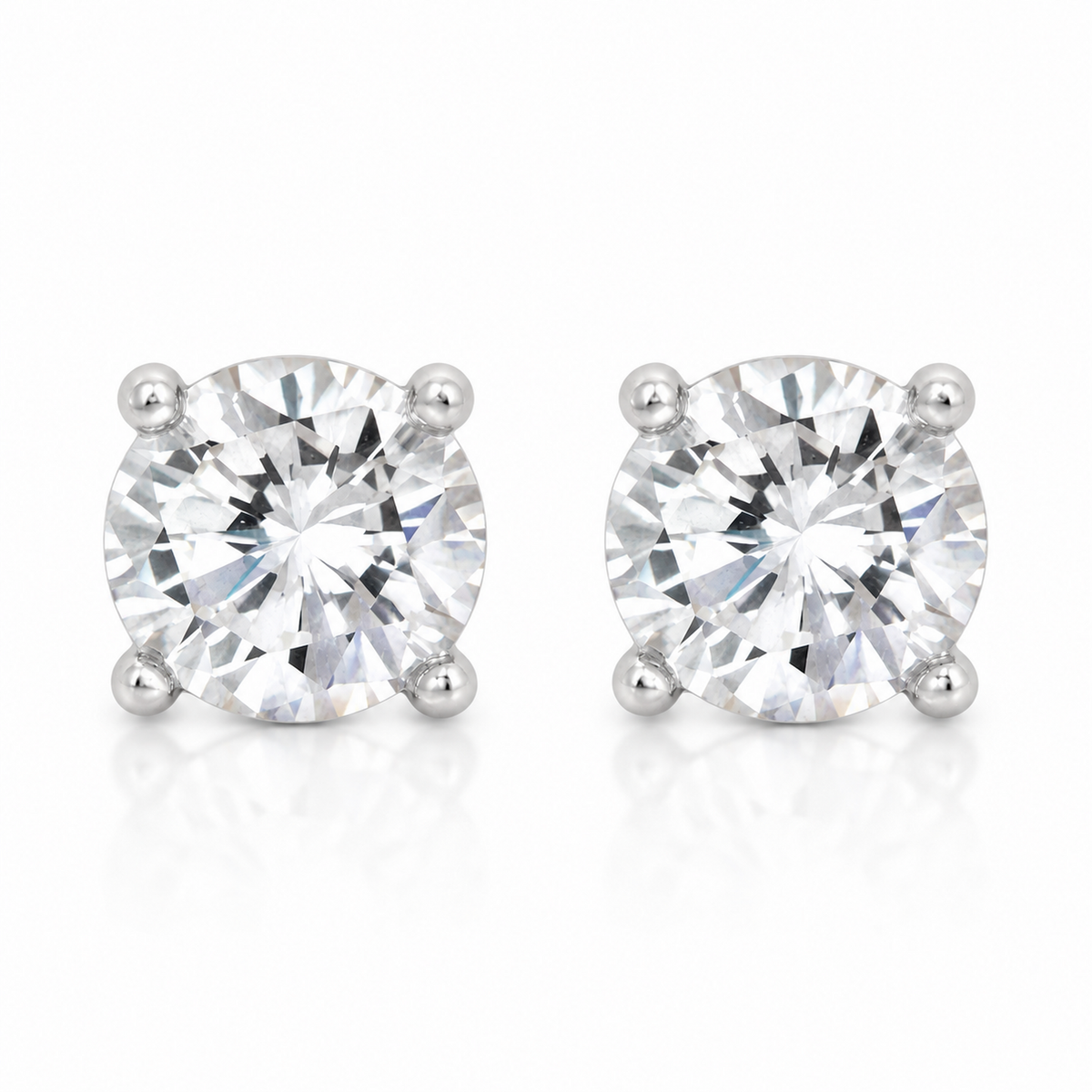 Jenny Round Clear Stone Stud Earrings in Silver Tone, studio view.