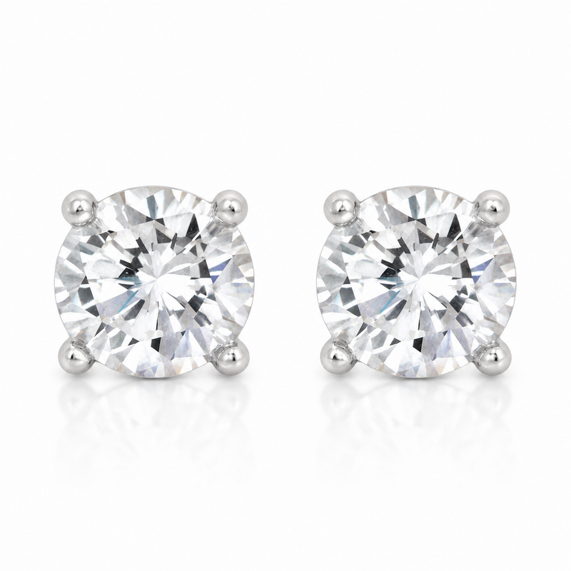 Jenny Round Clear Stone Stud Earrings in Silver Tone, studio view.