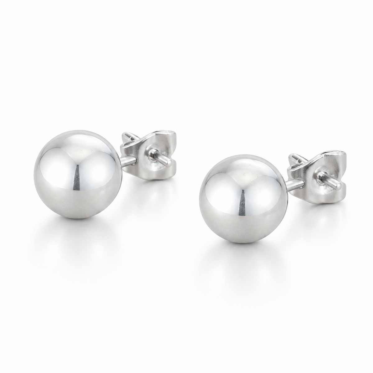 Julie Polished Ball Stud Earrings in Silver Tone, studio side view.