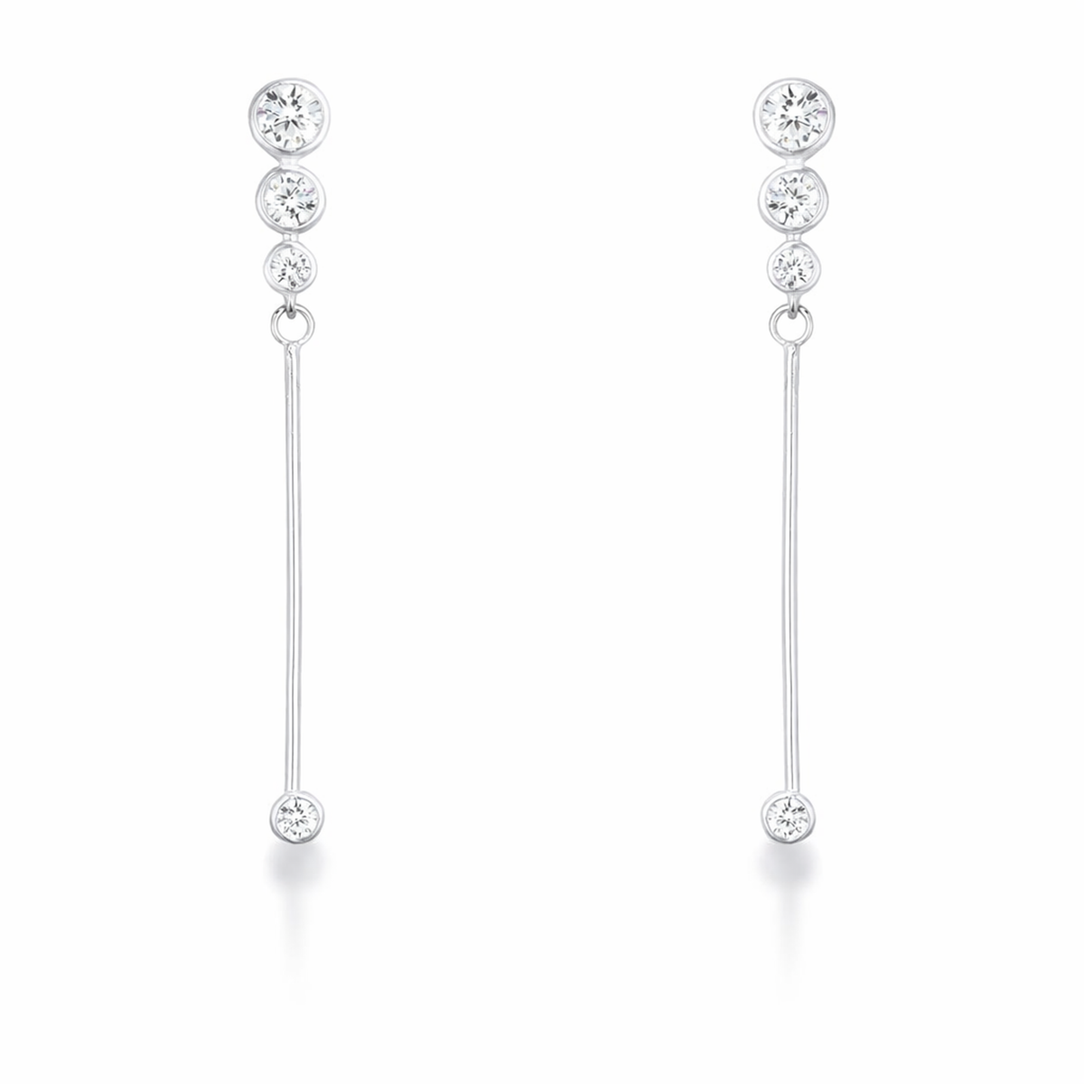 Studio view of minimalist linear drop earrings featuring multiple cubic zirconia stones in a sleek design.