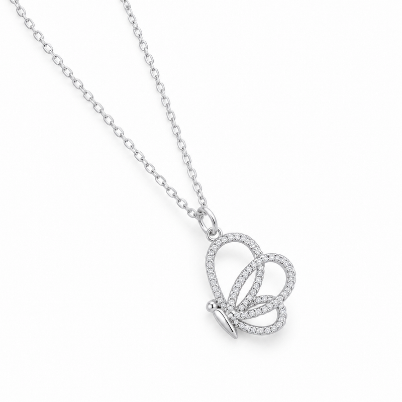 Open Butterfly Clear Stone Pendant in Silver Tone, angled view.