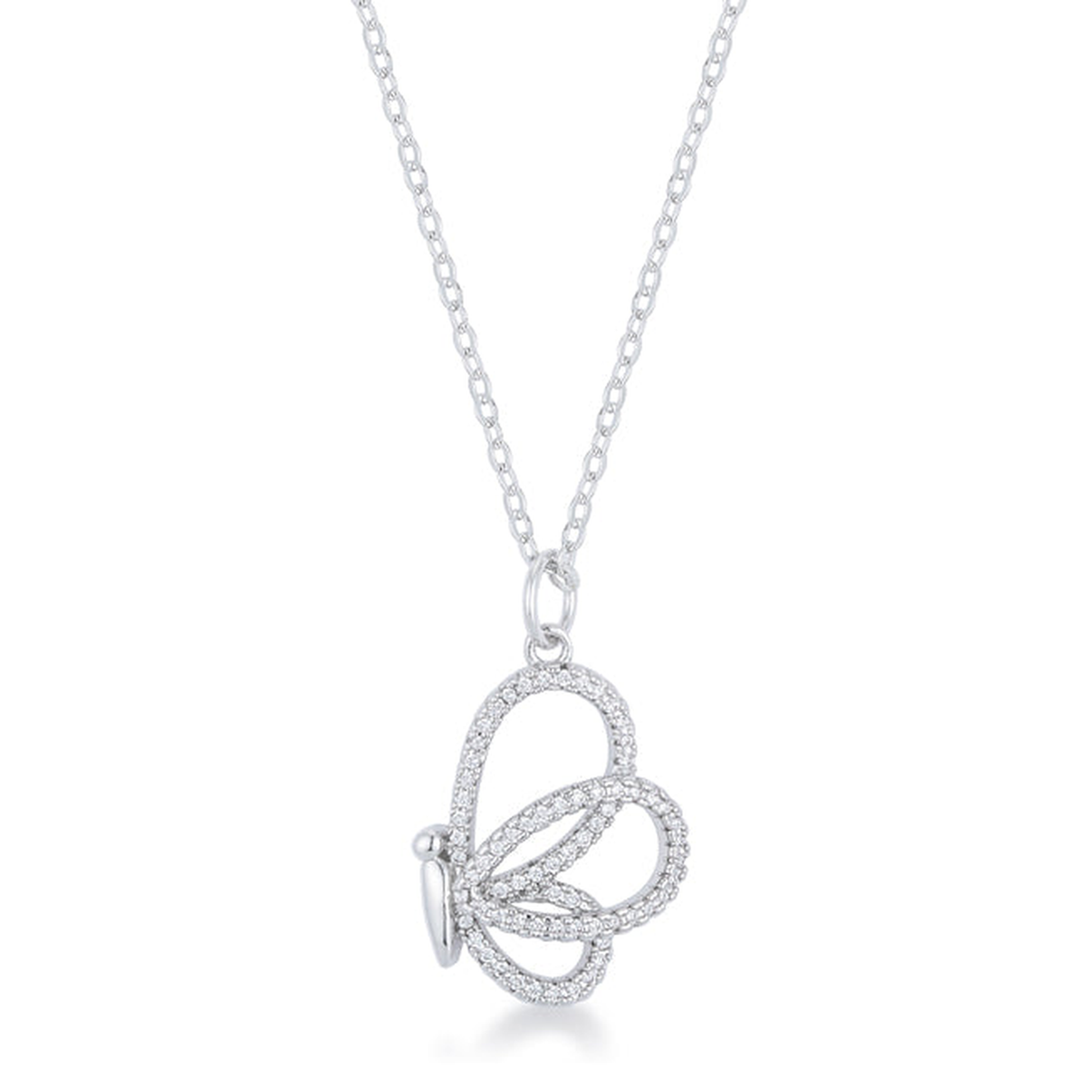 Open Butterfly Clear Stone Pendant in Silver Tone, studio view.