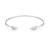 Studio view of an open cuff bangle featuring leaf-shaped end elements accented with small cubic zirconia stones in a smooth silver tone finish.