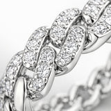 Close up view of the pavé chain link cubic zirconia ring highlighting the interlocking links and pavé stone setting.