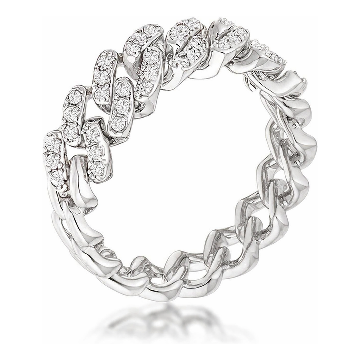 Close-up view of a pave chain ring with interlocking links, partially set with cubic zirconia stones in a polished silver tone finish.