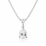 Studio view of a silver tone pear shaped drop pendant featuring a larger cubic zirconia suspended from a smaller pear shaped connector.