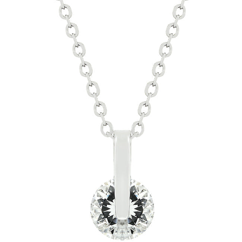Polished Bar and Round Clear Stone Pendant in Silver Tone, studio view.