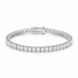 Full oval silver-tone tennis bracelet with clear square stones on white.