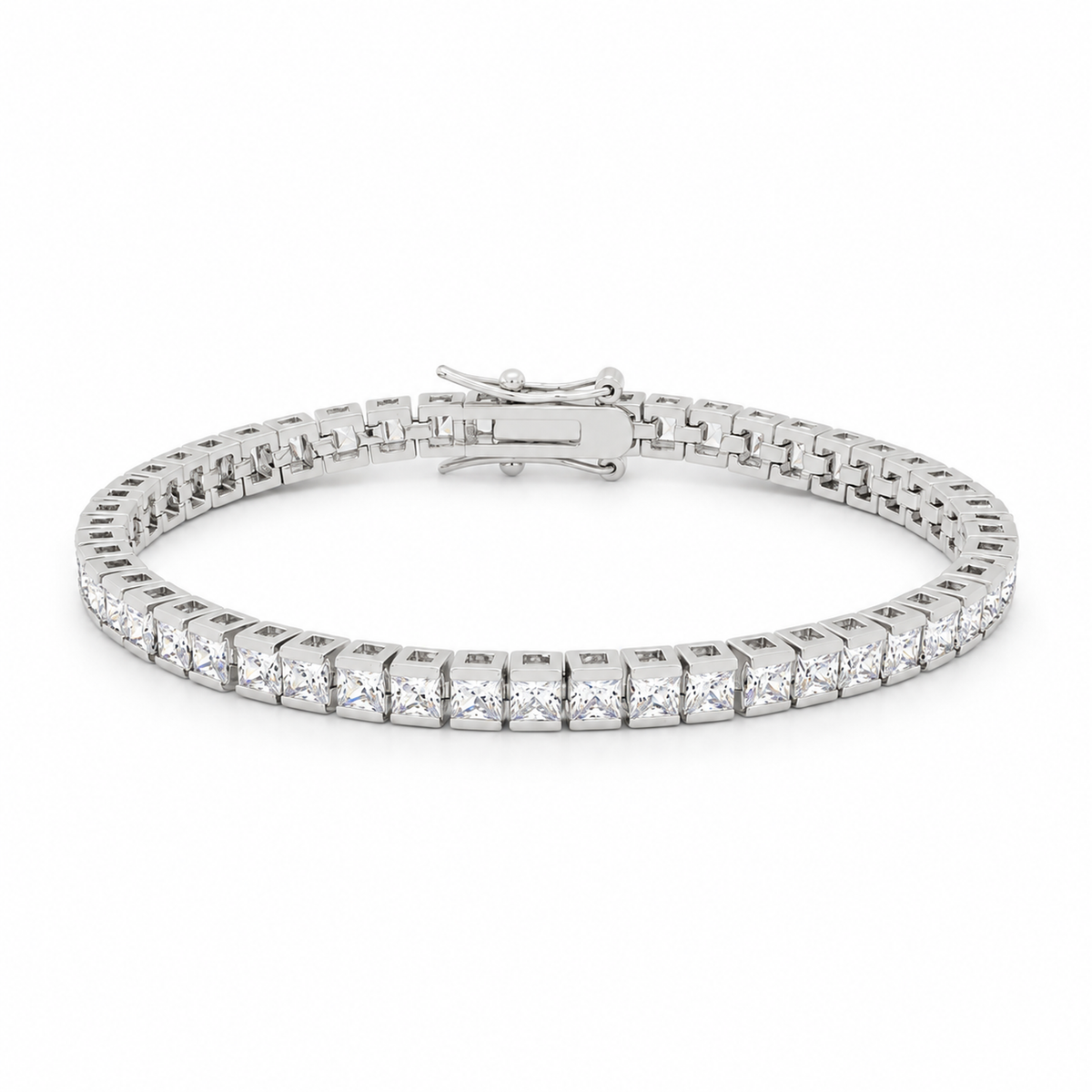 Full oval silver-tone tennis bracelet with clear square stones on white.