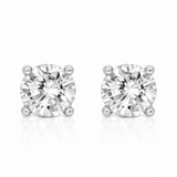 Rachel Round Clear Stone Stud Earrings in Silver Tone, studio view.