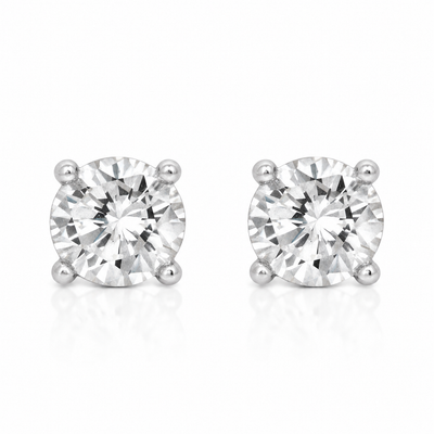Rachel Round Clear Stone Stud Earrings in Silver Tone, studio view.