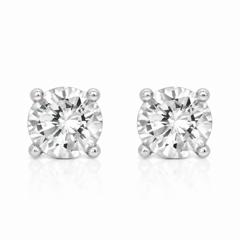 Rachel Round Clear Stone Stud Earrings in Silver Tone, studio view.