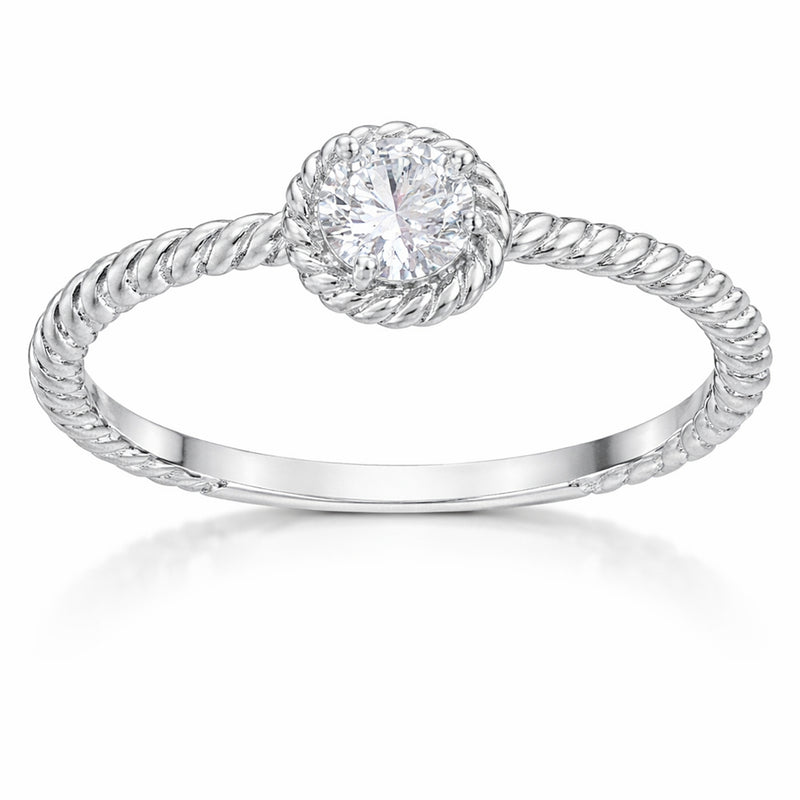 Side view close up of the rope style solitaire cubic zirconia ring emphasizing the twisted band detail and the prong set round stone.