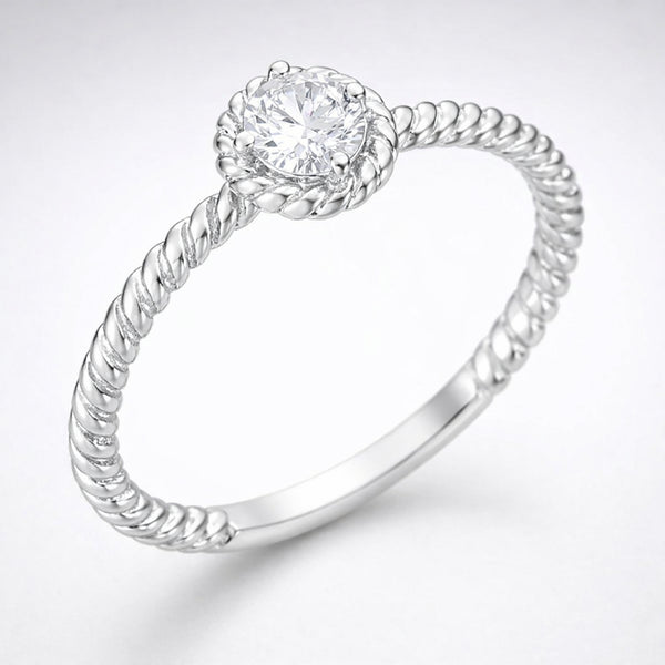 Side profile view of the rope style solitaire cubic zirconia ring showing the band curvature and solitaire setting height.