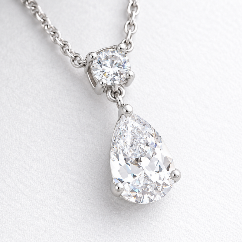 Round and Pear Clear Stone Drop Pendant in Silver Tone, close up.