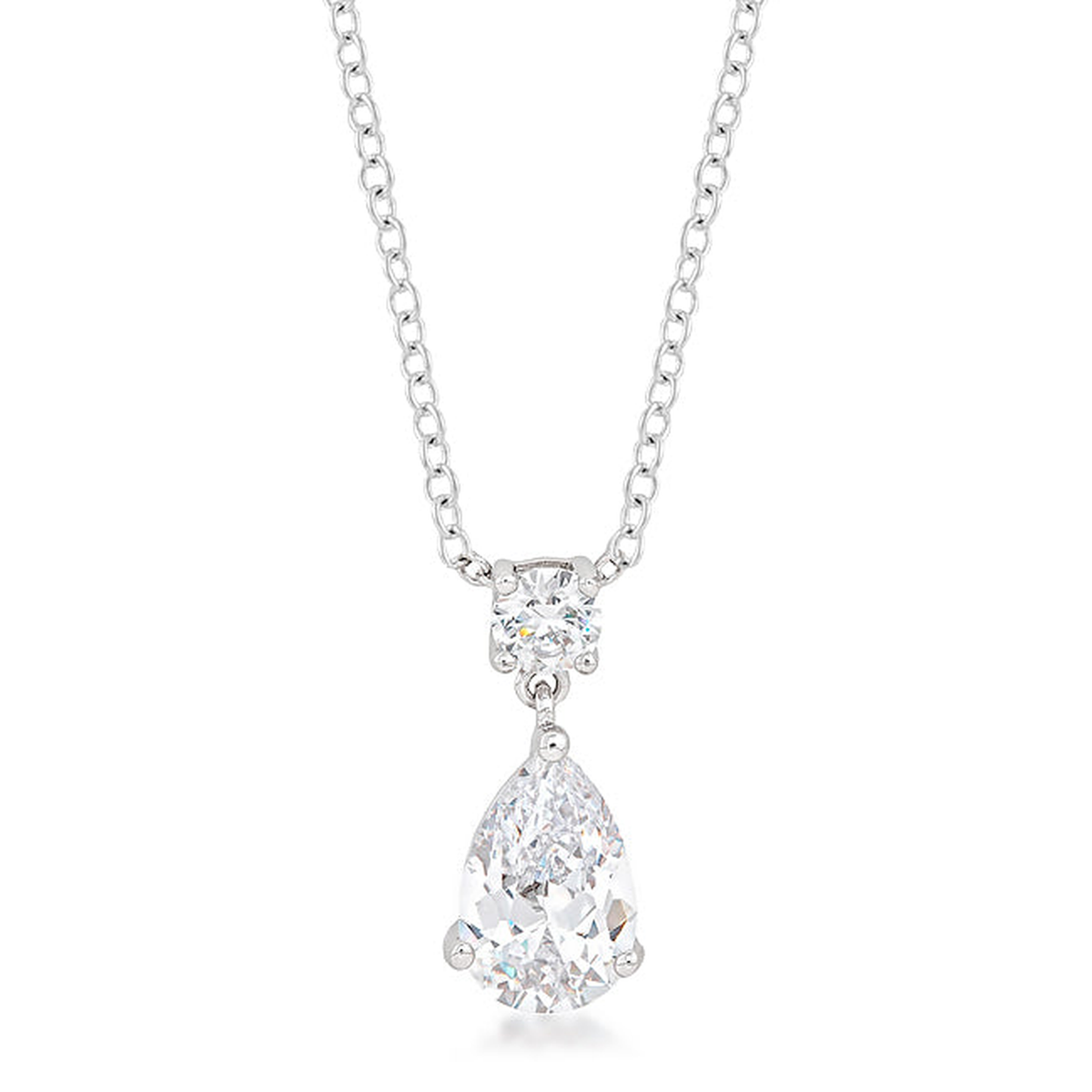 Round and Pear Clear Stone Drop Pendant in Silver Tone, studio view.