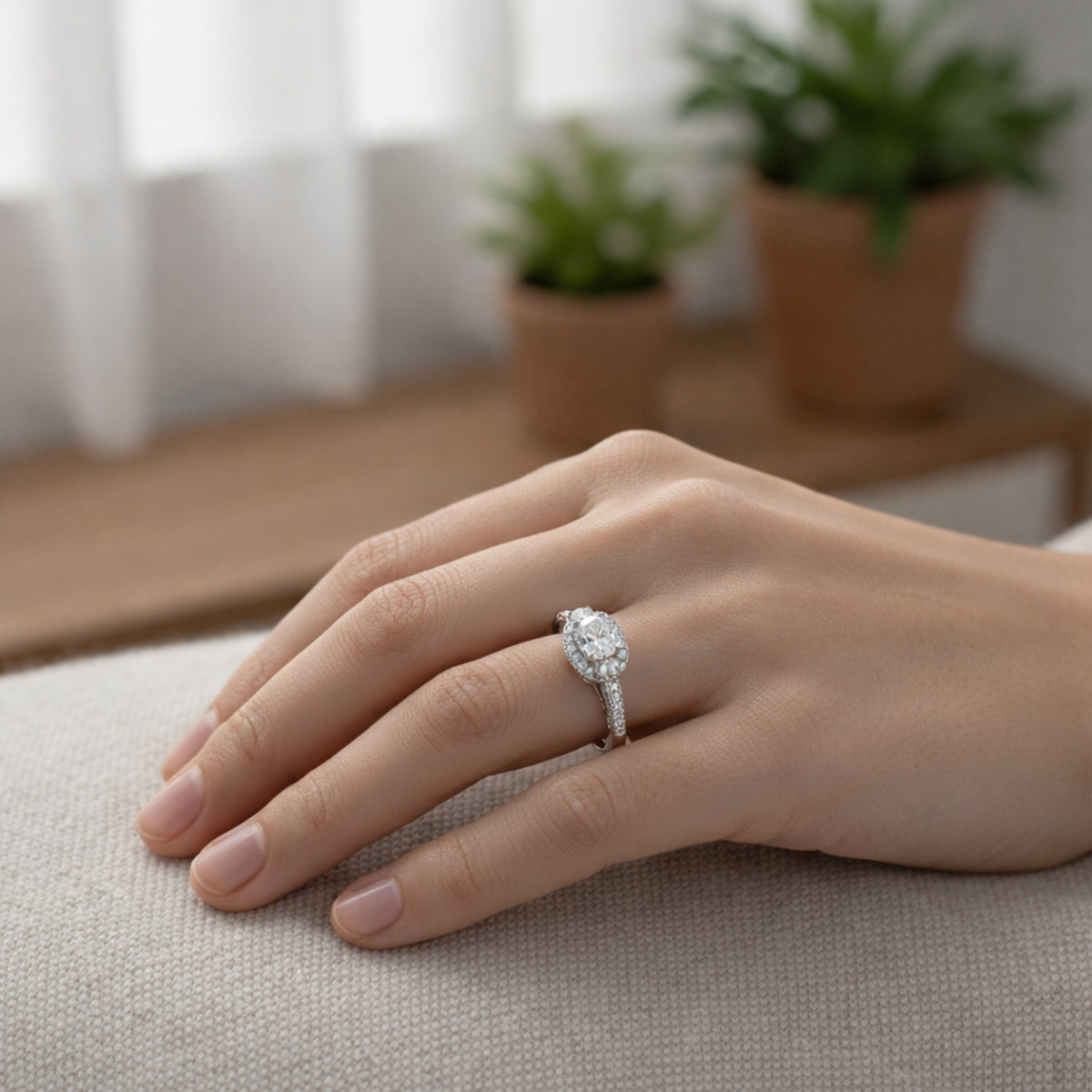 Worn view of a three stone halo cubic zirconia ring in silver tone finish, shown on the finger to illustrate proportions.