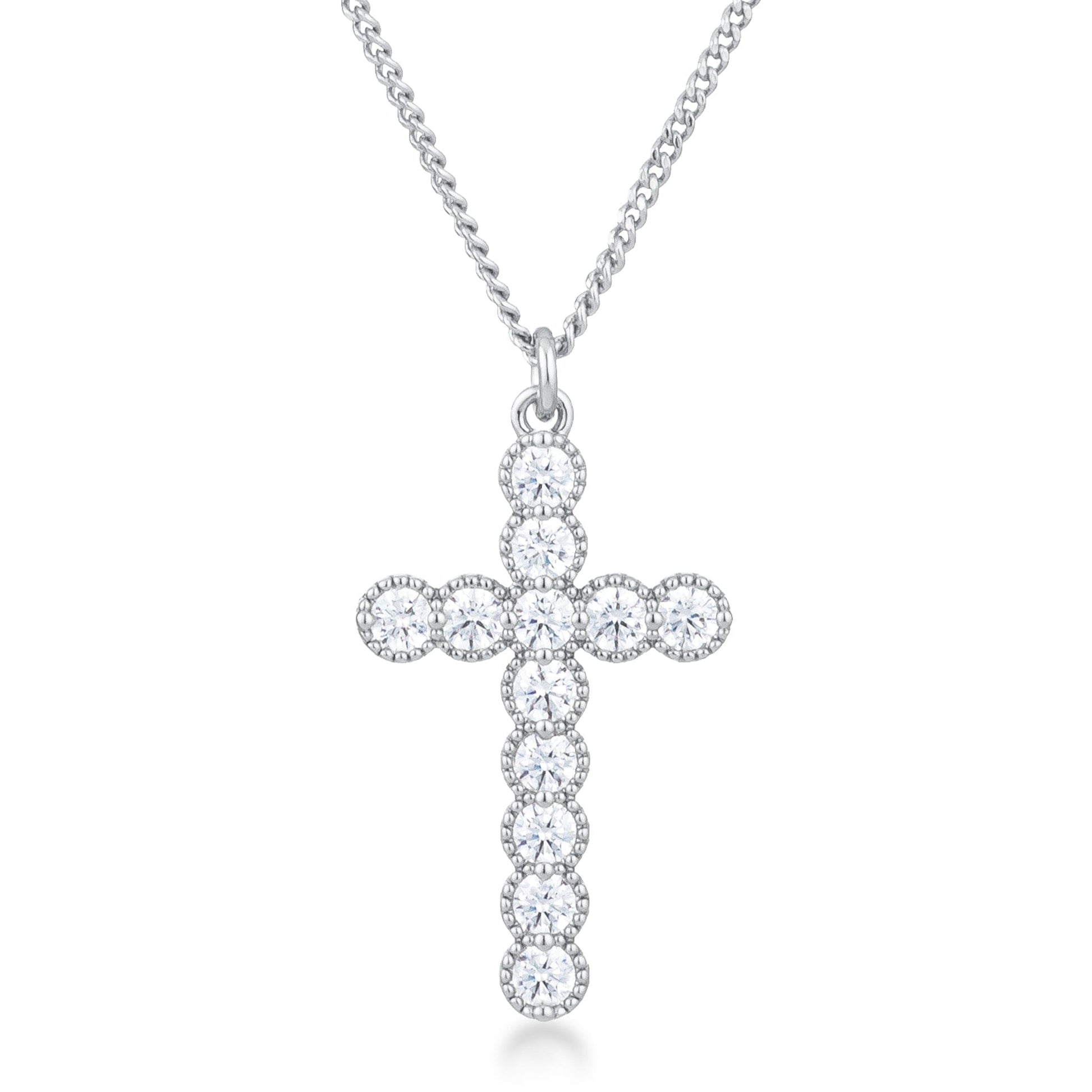 Micro Beaded Rhodium Plated Clear Cubic Zirconia Cross Pendant  