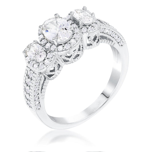 Rhodium Plated 3-Stone Clear Oval Cut Cubic Zirconia Halo Ring  