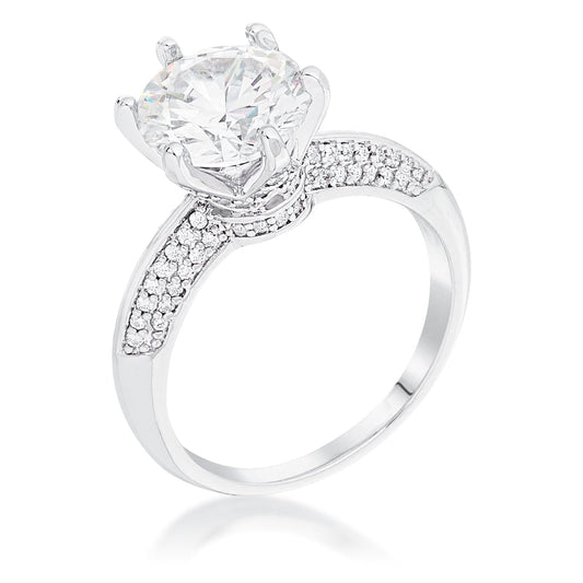 Rhodium Plated Clear Cubic Zirconia Round Solitaire Quad Micropave Ring  