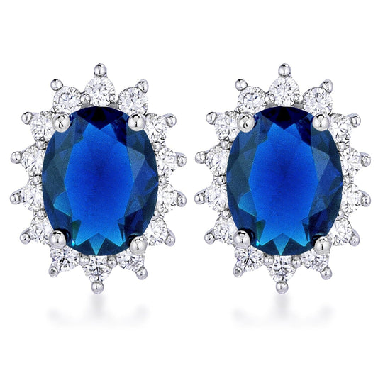 Rhodium Plated Sapphire Blue Petite Royal Oval Earrings Earrings  