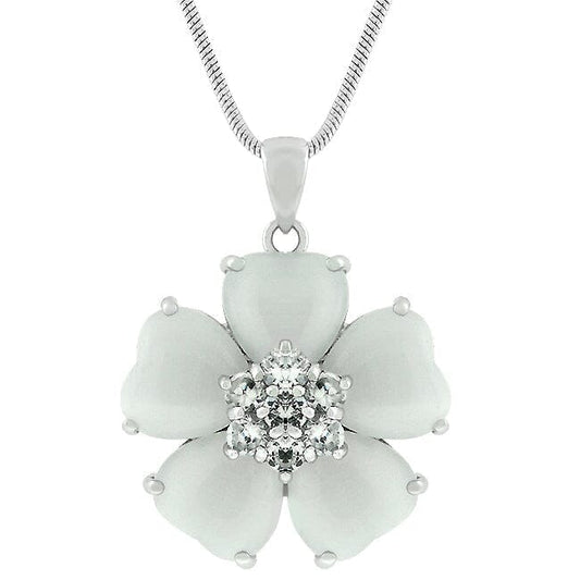 White Cats Eye Cubic Zirconia Flower Pendant  